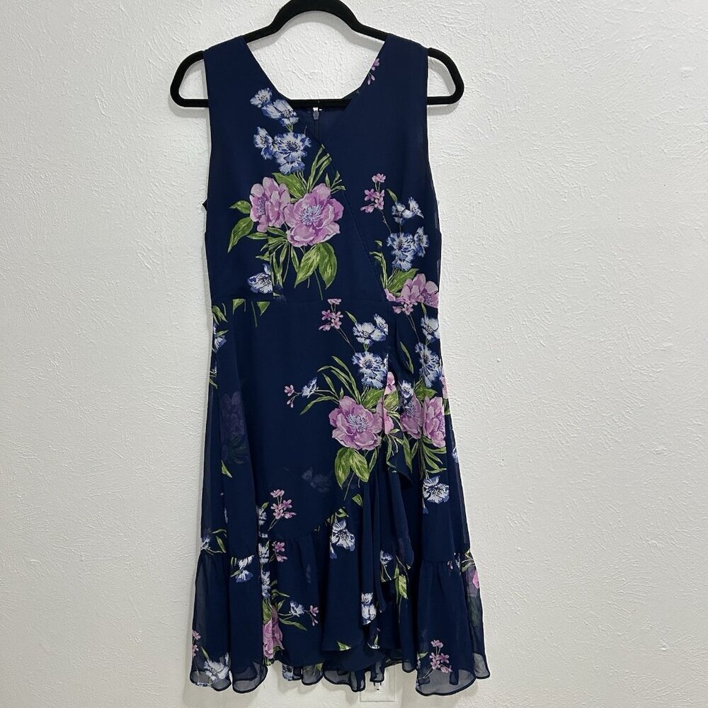 TALBOTS  GEORGETTE PAINTERLY SLEEVELESS NAVY BLUE FLORAL WRAP DRESS RUFFLE 10P‎